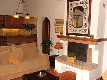 Wohnraum mit Kamin und Schlafsofa Wohnraum mit Kamin und Schlafsofa