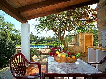 Überdachte Terrasse mit Blick in den Garten Überdachte Terrasse mit Blick in den Garten