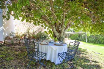 Essplatz im Garten mit Blick zum Pool