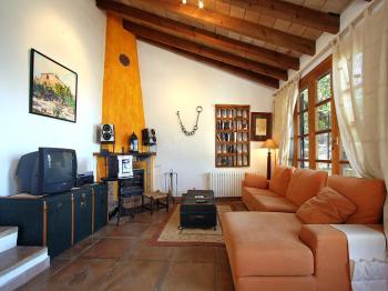 Wohnzimmer mit Kamin und Sat-TV
