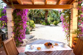 Essplatz mit Blick zum Pool und Garten